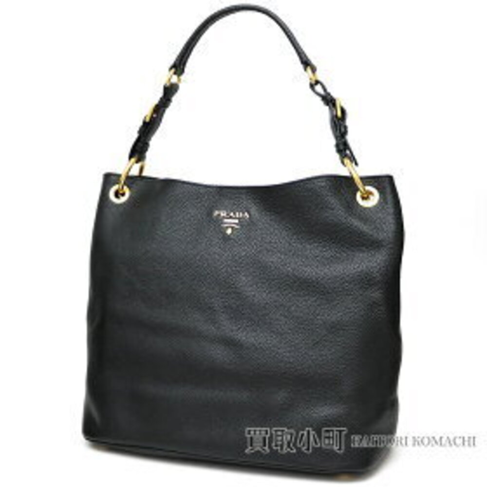 PRADA Metal Logo Shoulder Bag Black Soft Calfskin Hobo Tote VITDAINO NERO